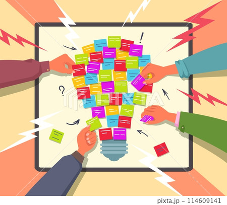 Team brainstorming. Hands with sticky notes, teamwork ideas board and collaboration concept vector illustration 114609141