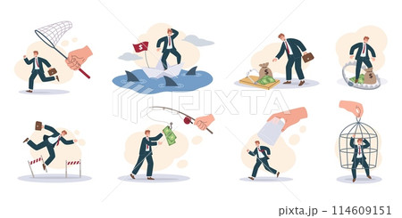 Catch businessman. Business challenges and financial pursuit, money bait trap and economic struggles isolated cartoon vector illustration set 114609151