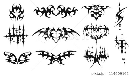 Cyber sigilism shapes. Neo tribal tattoo sharp spikes, y2k butterfly and symmetrical demonic heart for streetwear designs vector set Cyber sigilism shapes. Neo tribal tattoo sharp spikes, y2k butterfly and symmetrical demonic heart for streetwear designs vector set 114609162