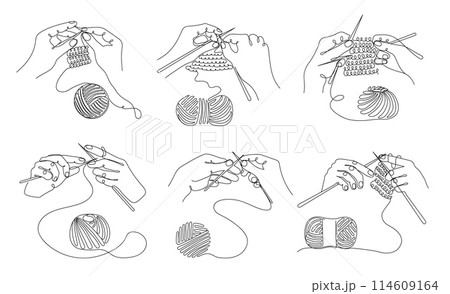 Continuous one line knitting hands. Knitting threads, needles and yarn for handmade textiles, DIY hobby and craft classes designs. Vector illustration set Continuous one line knitting hands. Knitting threads, needles and yarn for handmade textiles, DIY hobby and craft classes designs. Vector illustration set 114609164