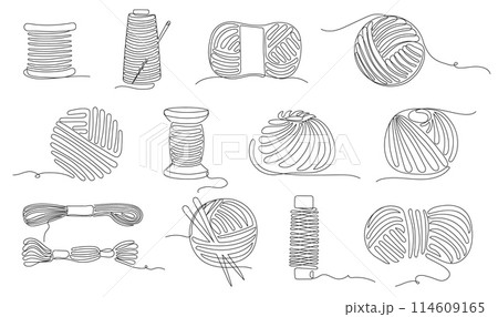 Continuous one line sewing threads. Thread spools, skeins and balls of knitting yarn for crafting, textile tailor shop and handicraft hobbies design. Vector illustration set 114609165