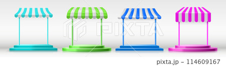 Podium with store awning. Product shop stage, market stall or festive vendor stands with canopies. 3D kiosk mockup vector set Podium with store awning. Product shop stage, market stall or festive vendor stands with canopies. 3D kiosk mockup vector set 114609167