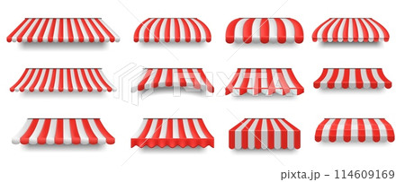 Store sunshade awning. Striped shop and cafe canopies, market stall covers with shadow isolated vector set 114609169