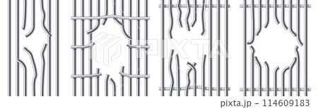 Break prison metal bars. Hole in jail lattice, broken iron cage and jailbreak vector illustration set 114609183