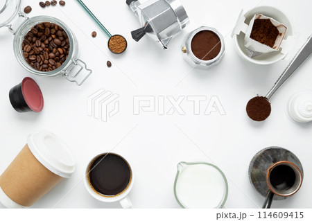 Different ways to make coffee geyser moka maker,  metal cezve, coffee machine capsules, drip. Coffee making concept 114609415