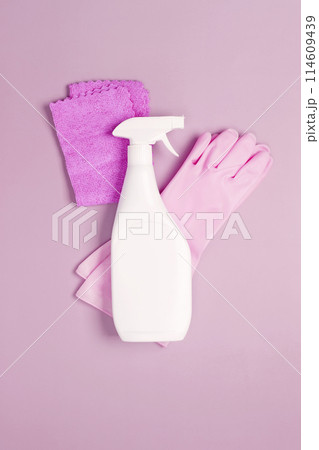 Various accessories cleaning products, sprays, rags, sponges. Top view, flat lay, copy space Various accessories cleaning products, sprays, rags, sponges. Top view, flat lay, copy space 114609439