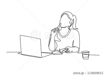 Single continuous line drawing beauty young female employee sitting on her chair and thinking of solution for her unfinished work. Think smart concept. One line draw graphic design vector illustration 114609631
