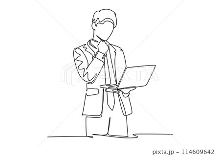 Single one line drawing young business man standing while holding tablet and thinking about business strategy at the office. Business idea concept. Continuous line design graphic vector illustration 114609642