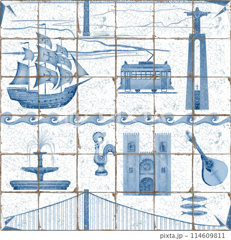 Symbols of portugal stylized monochrome in seamless pattern on old ceramic tiles.April 25 bridge,Jesus statue,old ship,tram,cockerel,fado guitar,fountain,wave,se cathedral,sardinha,wind rose 114609811