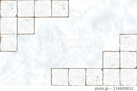 Empty ceramic tiles with cracked and scratched in corner compositions on the background of a concrete wall in monochrome color as a template for postcards, websites, invitations, posters 114609812