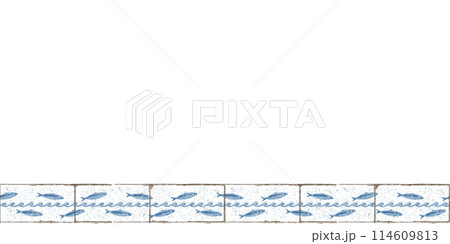 A sardine fish swims through the waves,on rectangular ceramic tiles with cracks and scratches.Stylized watercolor illustration as a seamless border.Isolated on a white.for borders,tapes,ceramic tiles 114609813