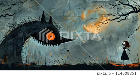 Illustration young woman against huge monster, nightmare concept Illustration young woman against huge monster, nightmare concept 114609851