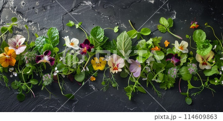 Garnishes and decorations used in gourmet cuisine, such as microgreens, edible flowers, or delicate herb leaves 114609863