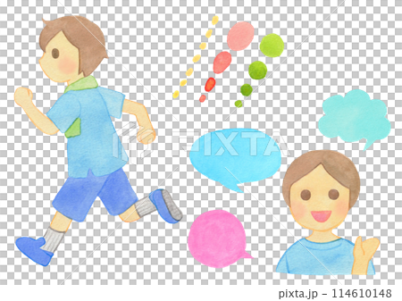 Boys and men talking energetically and running 114610148