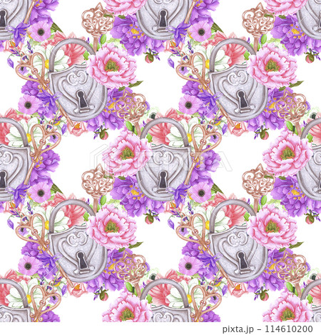 Hand drawn watercolor flowers bouquet with vintage lock keys seamless pattern. Baroque illustration isolated on white background. Can be used for textile, gift-wrapping and other printed products. 114610200