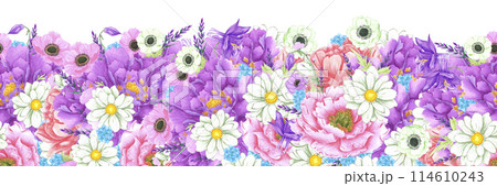 Hand drawn watercolor flowers seamless border isolated on white background. Can be used for gift wrapping, label and other printed products. Hand drawn watercolor flowers seamless border isolated on white background. Can be used for gift wrapping, label and other printed products. 114610243