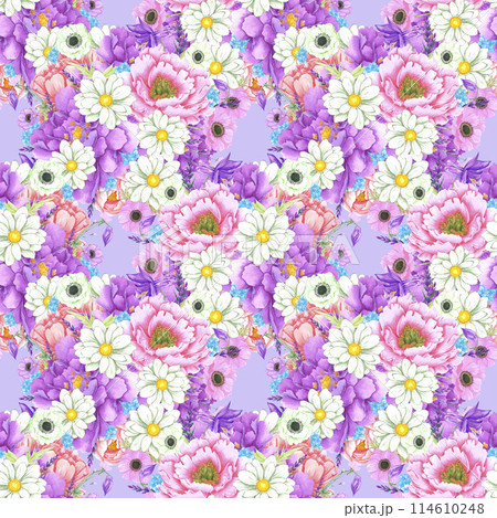 Hand drawn watercolor peony and anemone flowers bouquet seamless pattern isolated on blue background. Can be used for textile, scrapbook and other printed products. 114610248