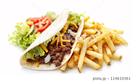 an artisan jucy taco with sauce, surrounded by golden and french fries on a white background 114610361