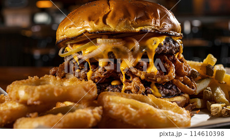 an artisan juicy burger with sauce, surrounded by golden and french fries on a white background 114610398