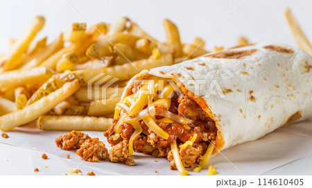 an artisan juicy  burrito with sauce, surrounded by golden and french fries on a white background 114610405
