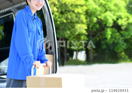 外で台車で荷物を運ぶ配送ドライバーの女性 外で台車で荷物を運ぶ配送ドライバーの女性 114610431