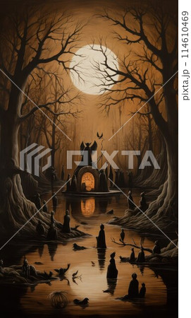Gathering of strange forest folk on the black forest lake under a full moon at night, vertical image. Gathering of strange forest folk on the black forest lake under a full moon at night, vertical image. 114610469
