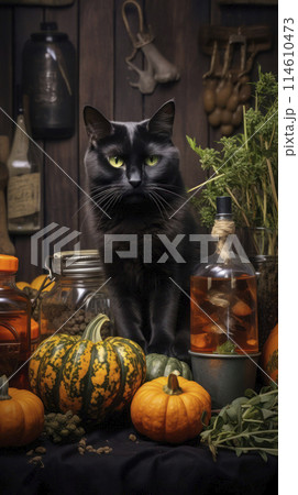 Black cat with green eyes sits on a table in the witches kitchen among pumpkins and magic tools. Samhain vibes, vertical image. Black cat with green eyes sits on a table in the witches kitchen among pumpkins and magic tools. Samhain vibes, vertical image. 114610473