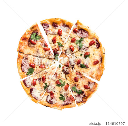 delicious portioned pizza top view delicious portioned pizza top view 114610797