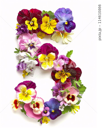 Typeface made out of colored spring flowers the character  5 114610866