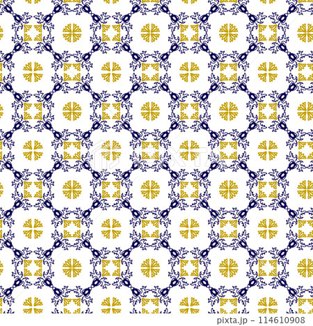 Azuleyo seamless pattern yellow and blue ornament.Portugal geometric ceramics. 114610908