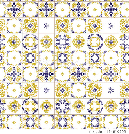 Azuleyo seamless pattern yellow and blue ornament.Portugal geometric ceramics. Azuleyo seamless pattern yellow and blue ornament.Portugal geometric ceramics. 114610996