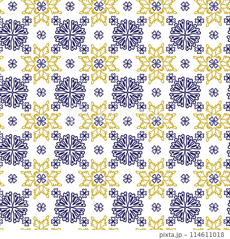 Azuleyo seamless pattern yellow and blue ornament.Portugal geometric ceramics. Azuleyo seamless pattern yellow and blue ornament.Portugal geometric ceramics. 114611018