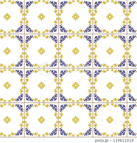Azuleyo seamless pattern yellow and blue ornament.Portugal geometric ceramics. Azuleyo seamless pattern yellow and blue ornament.Portugal geometric ceramics. 114611019