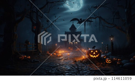 Pumpkin faces and lights on paved road to strange old spooky house in Halloween night. 114611059