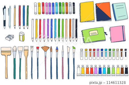 画材道具の手描きイラストセット 画材道具の手描きイラストセット 114611328
