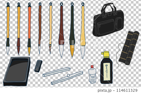 書道道具の手描きイラストセット 書道道具の手描きイラストセット 114611329