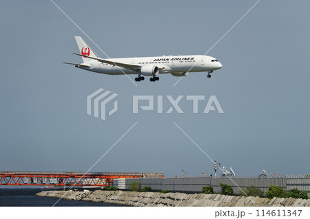 空港に着陸しようとしている航空機 114611347