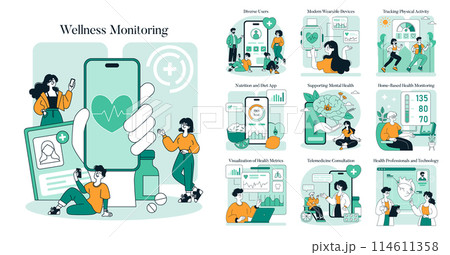 Wellness Monitoring set. Digital health technology for personal care. App-assisted lifestyle tracking, telemedicine, nutrition management. Vector illustration. Wellness Monitoring set. Digital health technology for personal care. App-assisted lifestyle tracking, telemedicine, nutrition management. Vector illustration. 114611358