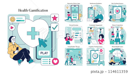 Health Gamification set. Engaging users in wellness activities through playful interactions. Fitness tracking, virtual therapy, and reward motivation. Vector illustration. 114611359