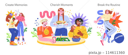 YOLO set. Illustration portrays making memories, appreciating time together, and escaping monotony. Friendly gatherings, joyful interactions, life's simple pleasures. Vector illustration. YOLO set. Illustration portrays making memories, appreciating time together, and escaping monotony. Friendly gatherings, joyful interactions, life's simple pleasures. Vector illustration. 114611360