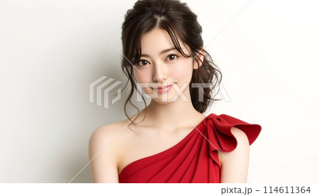 赤いドレスを着た若い女性 114611364