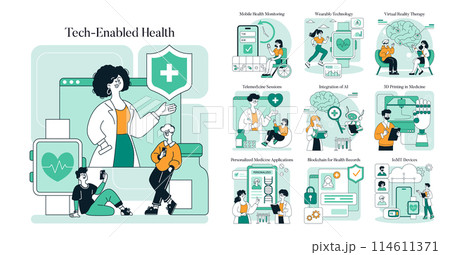 Tech-Enabled Health set. Innovations transforming healthcare through telemedicine, mobile monitoring, and AI. Patient-centric, futuristic medical solutions. Vector illustration. 114611371