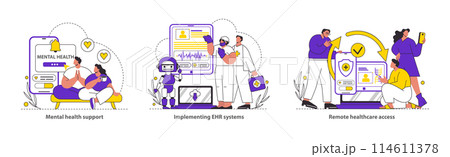 Digital healthcare technology set. Patients engaging in mental health support, EHR systems implementation, and remote healthcare access. Vector illustration. 114611378