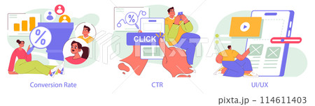 Mobile Marketing set. Different aspects of digital advertising and user engagement. Conversion Rate, CTR, UI UX design strategies. Vector illustration. 114611403