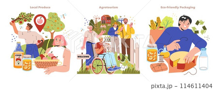 Rural Lifestyle set. Harvesting apples, welcoming tourists on a farm, promoting sustainable packaging. Country life, agritourism activities, eco consciousness. Vector illustration. 114611404