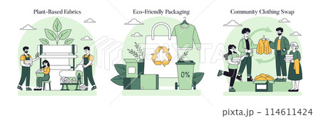 Sustainable Fashion set. Eco-conscious clothing production and packaging, community swap initiatives. Ethical textiles, recycling, and sharing clothes strategy. Vector illustration. 114611424