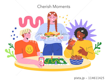YOLO concept. Three friends enjoying snacks and playing a board game, celebrating the joy of living. Friendship, leisure, and fun. Vector illustration. 114611425