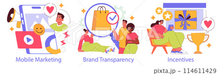 Millennials Engagement set. Digital mobile marketing, brand transparency strategies, and consumer incentives. Young adults navigating new ways of connection. Vector illustration. 114611429