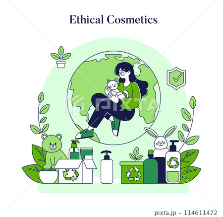 Ethical Cosmetics concept. A woman with her cat promotes cruelty-free beauty products against an Earth backdrop. Eco-friendly skincare with recycling symbols. Vector illustration. Ethical Cosmetics concept. A woman with her cat promotes cruelty-free beauty products against an Earth backdrop. Eco-friendly skincare with recycling symbols. Vector illustration. 114611472
