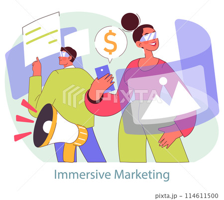 Immersive Marketing concept. Customers engage with interactive digital advertising. Technology in modern promotion strategies. Vector illustration. Immersive Marketing concept. Customers engage with interactive digital advertising. Technology in modern promotion strategies. Vector illustration. 114611500